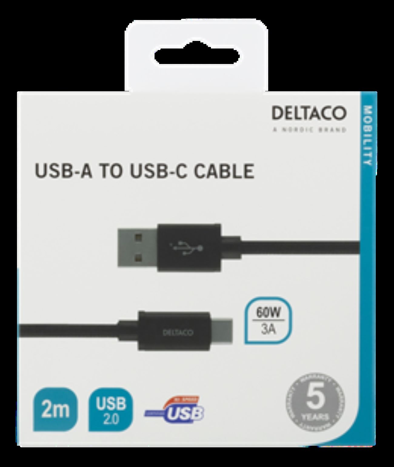 usbc-1134m Deltaco USB Cable, Male USB Type A to Male, USB 2.0 USB Type C, Black, 2 m