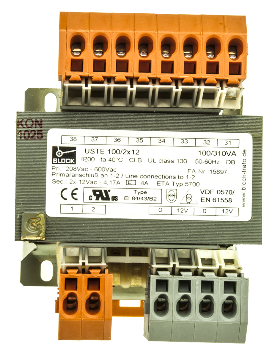 uste1002x12 Block 2 Output 100 VA Chassis Mount Transformer, 2 x 12 V ac, cUL, UL, VDE