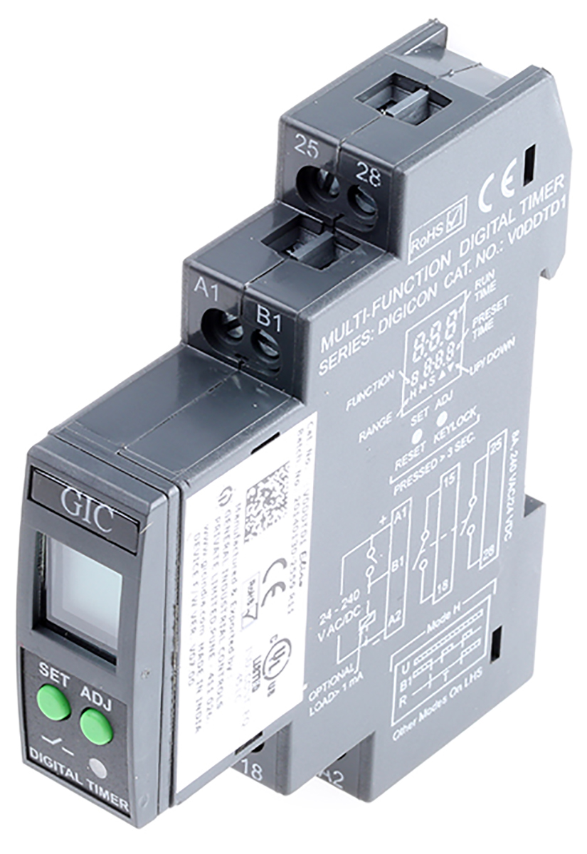 GIC DIGICON Series DIN Rail Timer Relay, 1-Contact, 24 to 240 V dc 24V ac, 240 V ac, 0.1 s to 999 h,
