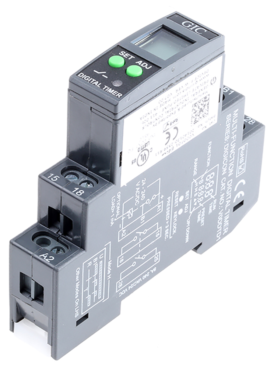 v0ddtd1 GIC DIGICON Series DIN Rail Timer Relay, 1-Contact, 24 to 240 V dc 24V ac, 240 V ac, 0.1 s to 999 h,
