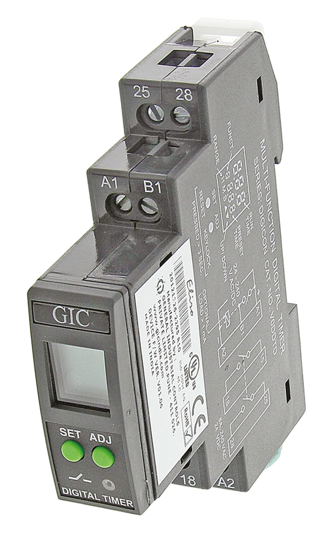 GIC V0DDT Series DIN Rail Timer Relay, 1-Contact, 240 V dc 24V ac, 240 V ac, 0.1 s to 999 h, Multifunction-Function,