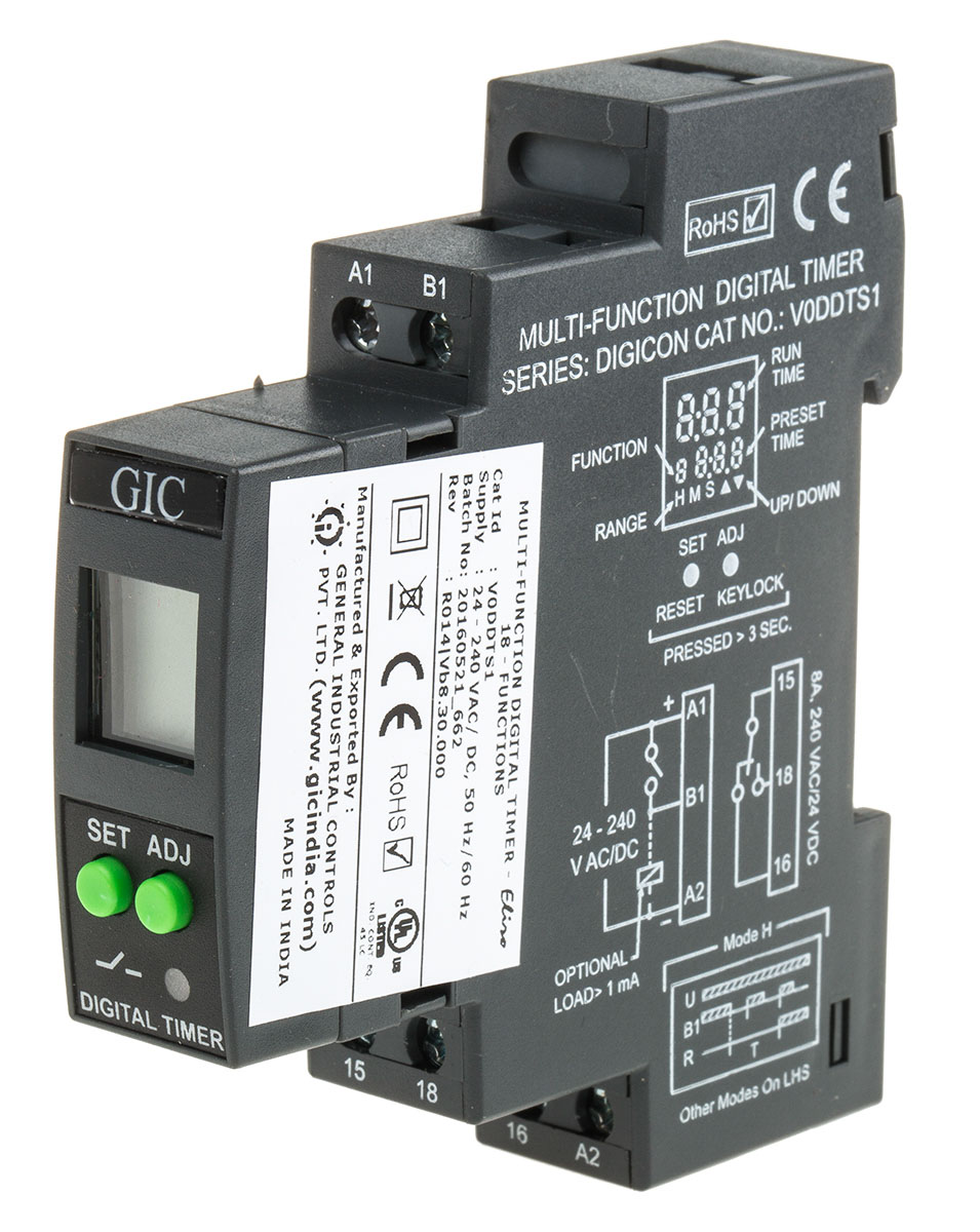 v0ddts1 GIC V0DDT Series DIN Rail Timer Relay, 1-Contact, 240 V dc 24V ac, 240 V ac, 0.1 s to 999 h, Multifunction-Function,