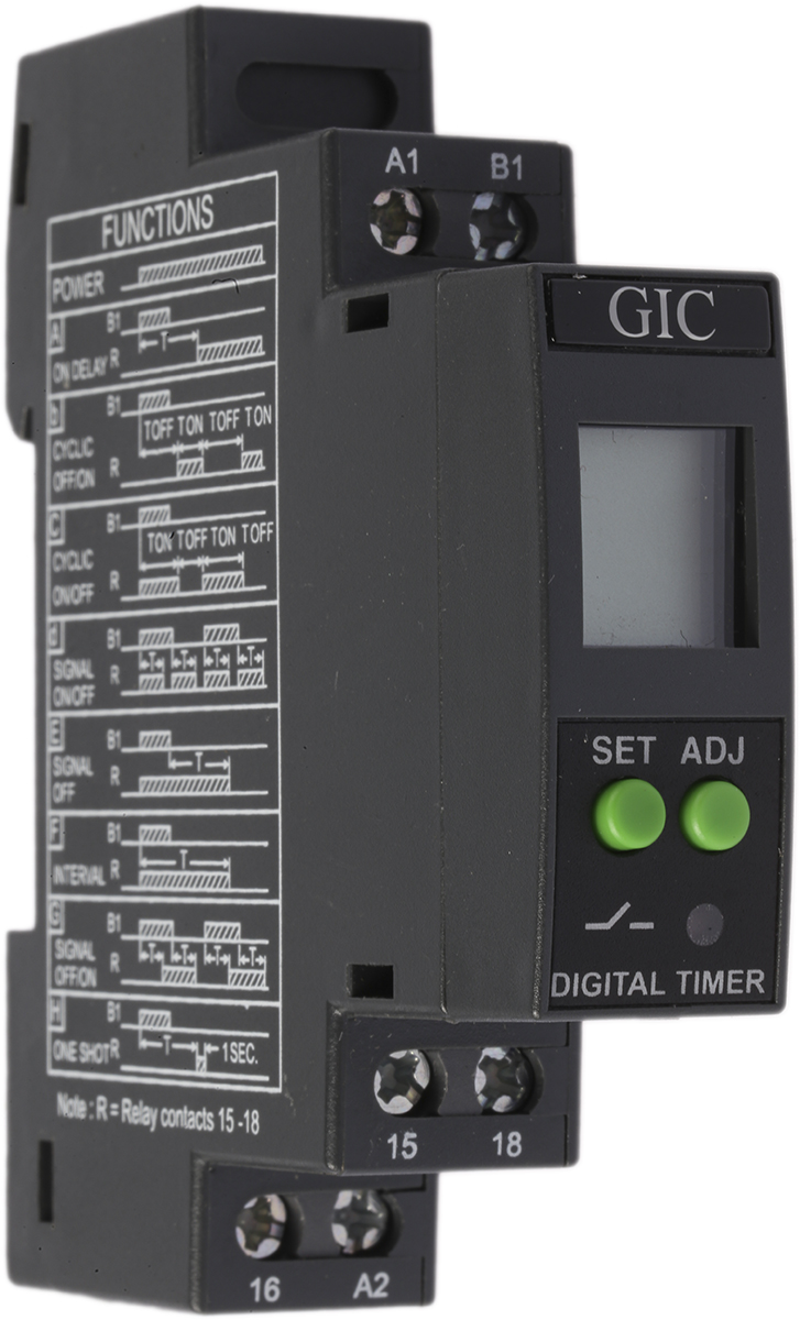 GIC 1CJ Series DIN Rail Timer Relay, 1-Contact, 240 V dc 24V ac, 240 V ac, 0.1 s to 999 h, Multifunction-Function, SPDT