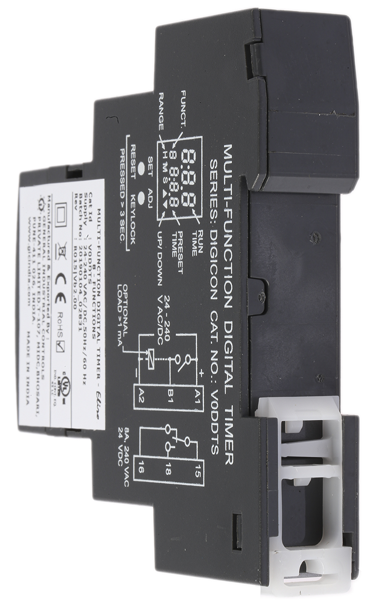 v0ddts GIC 1CJ Series DIN Rail Timer Relay, 1-Contact, 240 V dc 24V ac, 240 V ac, 0.1 s to 999 h, Multifunction-Function, SPDT