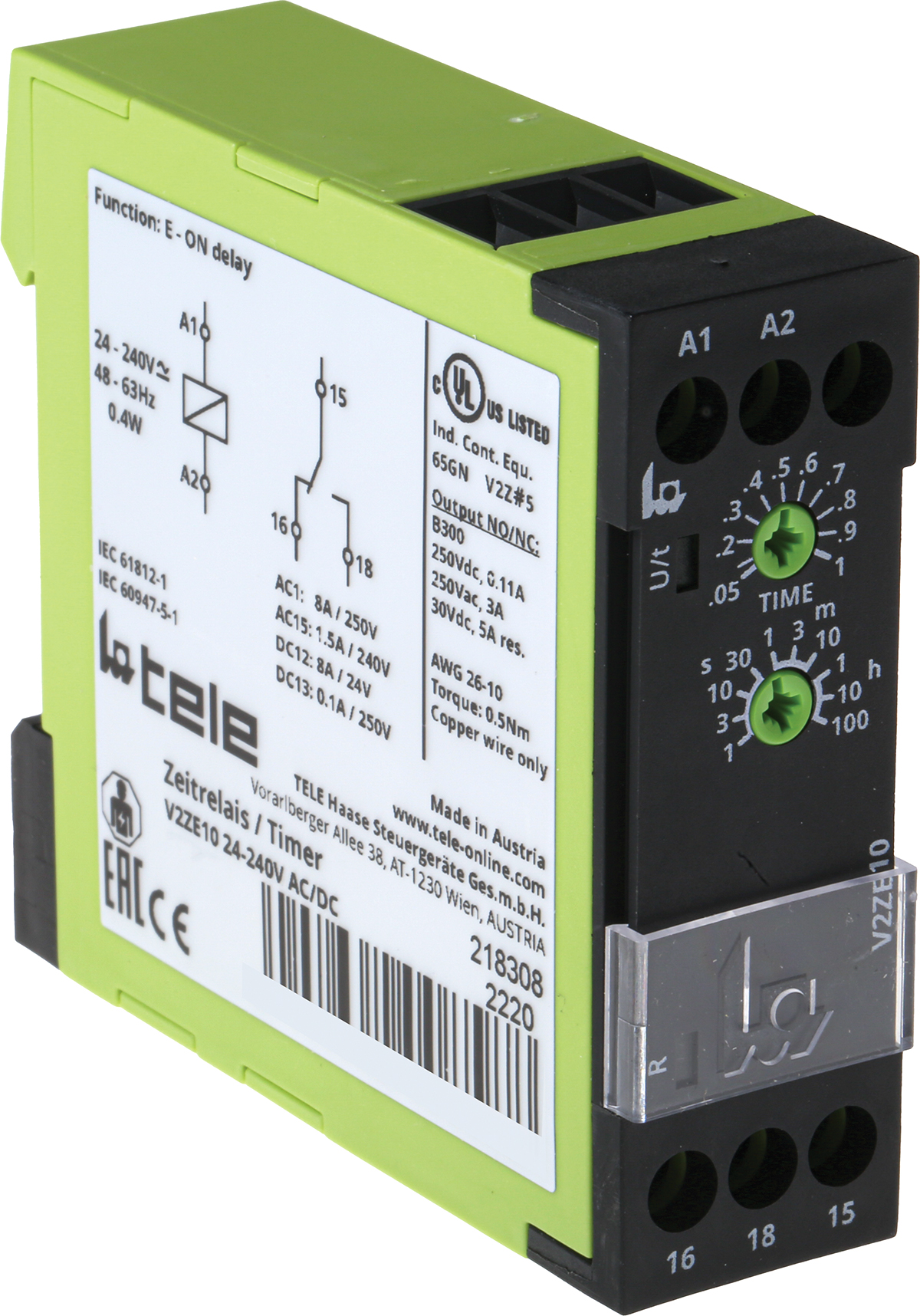 Tele V2ZE10 Series DIN Rail Timer Relay, 1-Contact, 240 V dc 24V ac, 240 V ac, 1-Function, SPDT Switch Configuration