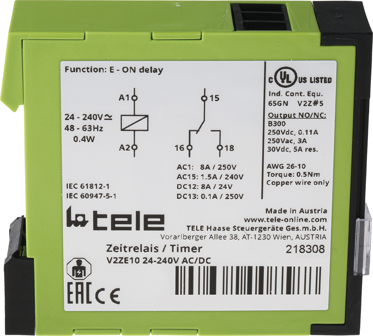 v2ze10-24-240v-acdc Tele V2ZE10 Series DIN Rail Timer Relay, 1-Contact, 240 V dc 24V ac, 240 V ac, 1-Function, SPDT Switch Configuration