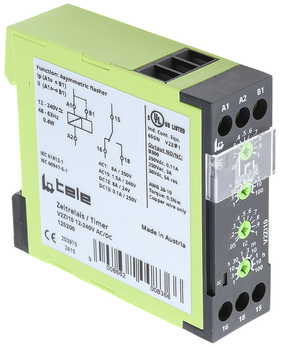 Tele V2ZI10 Series DIN Rail Timer Relay, 1-Contact, 240 V dc 12V ac, 240 V ac, Multifunction-Function, SPDT Switch