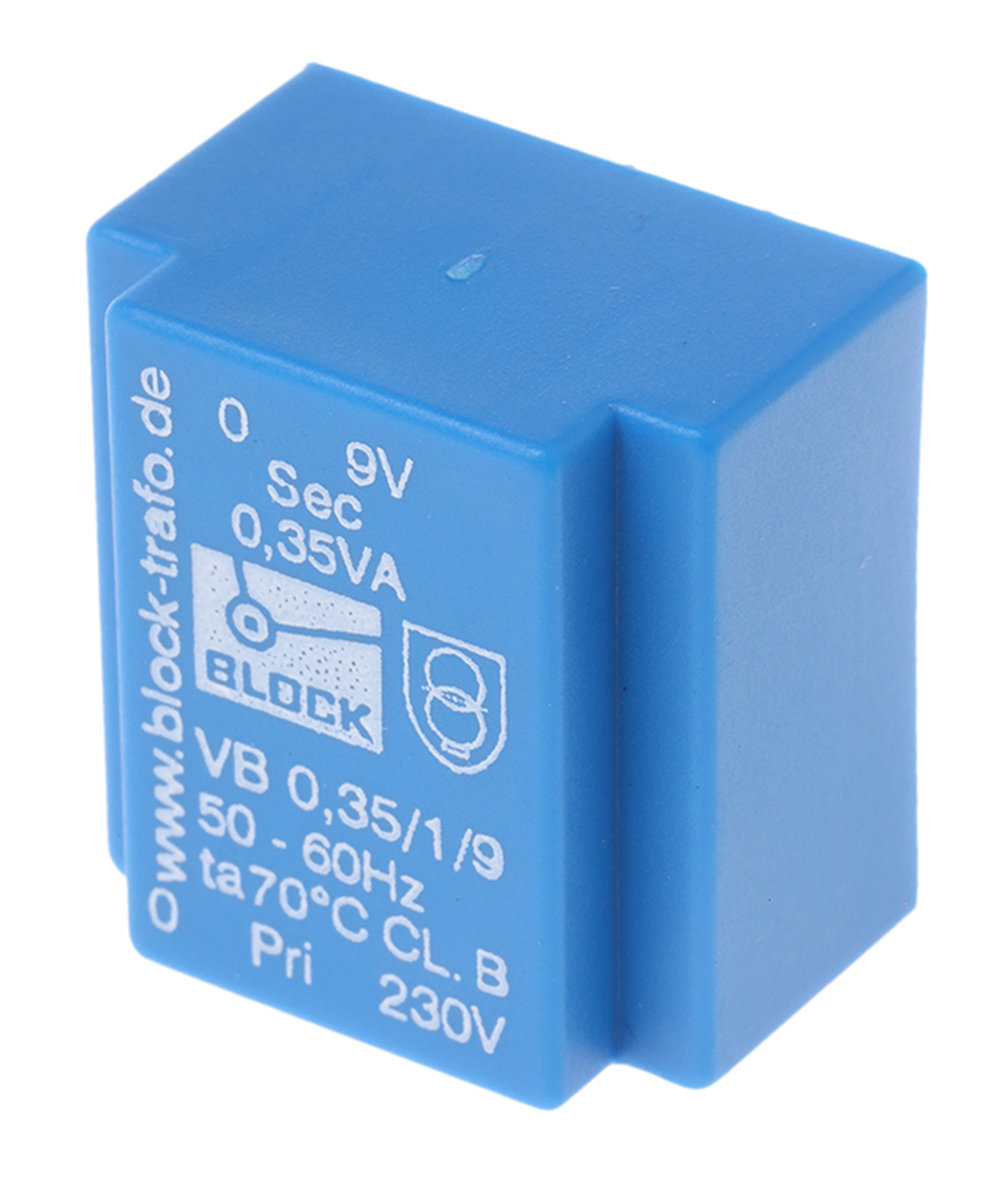 Block 9 V ac 1 Output Pin PCB Transformer, C-UL-US, ENEC 10 (VDE) 0.35 VA