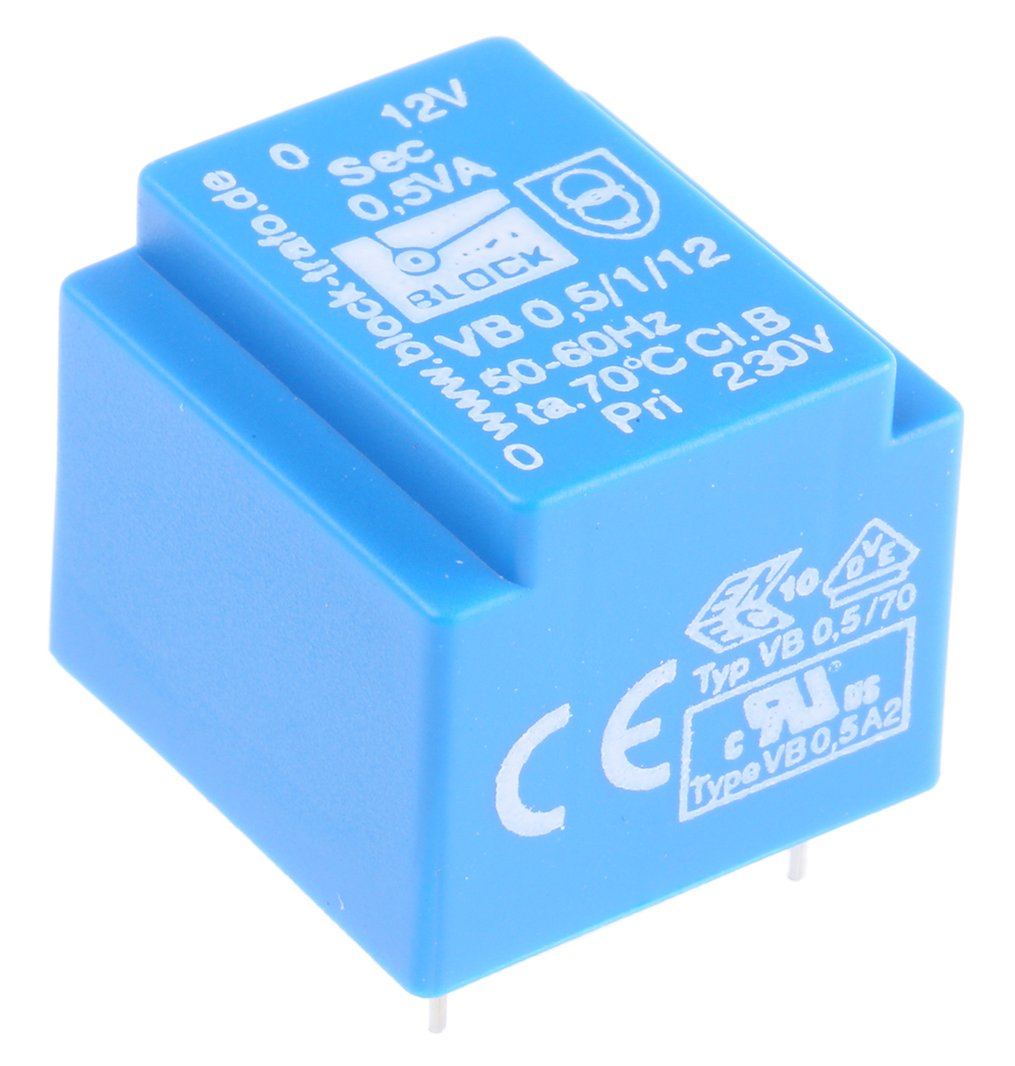 Block 12 V ac 1 Output Pin PCB Transformer, C-UL-US, ENEC 10 (VDE) 0.5 VA