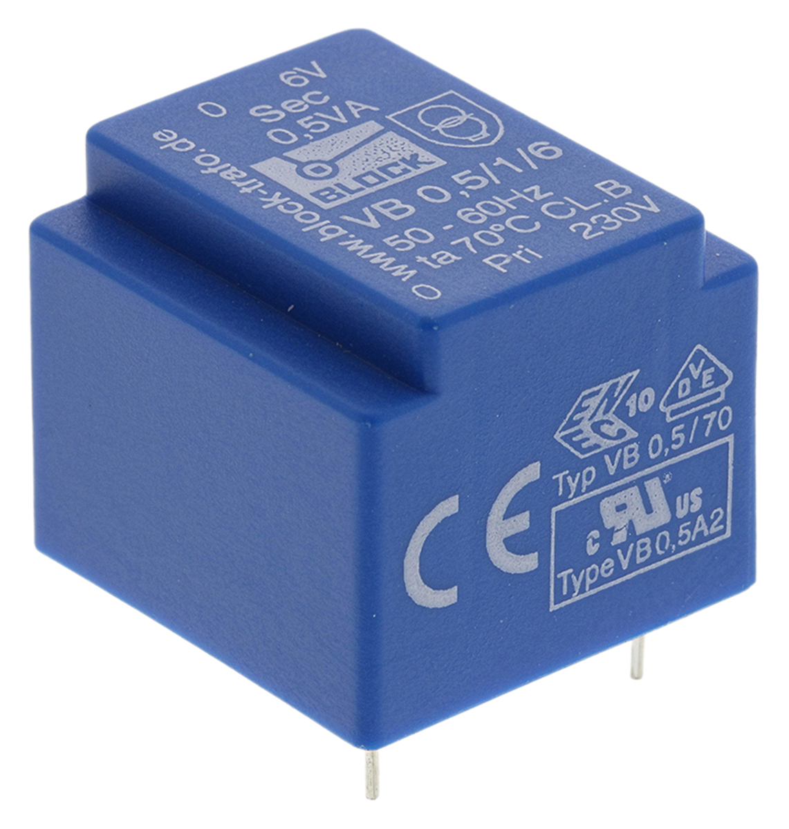 Block 6 V ac 1 Output Pin PCB Transformer, DIN EN 61558-2-1, VDE 0570 Part 2-6, ENEC 10 (VDE), C-UL-US, DIN EN