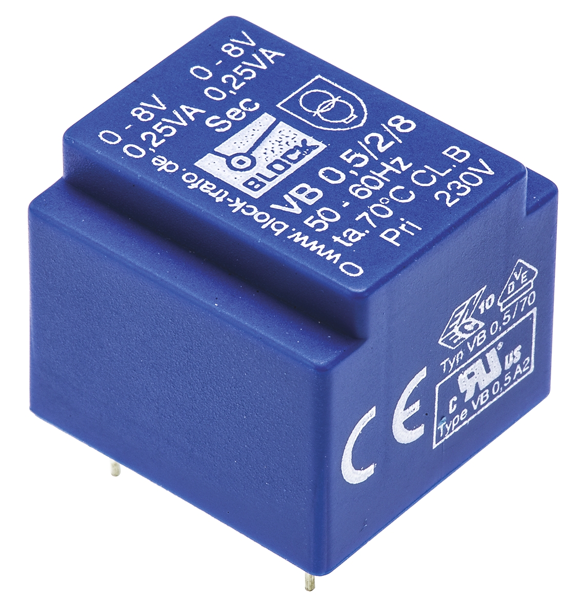 Block 8 V ac 2 Output Through Hole PCB Transformer, VDE, UL 0.5 VA