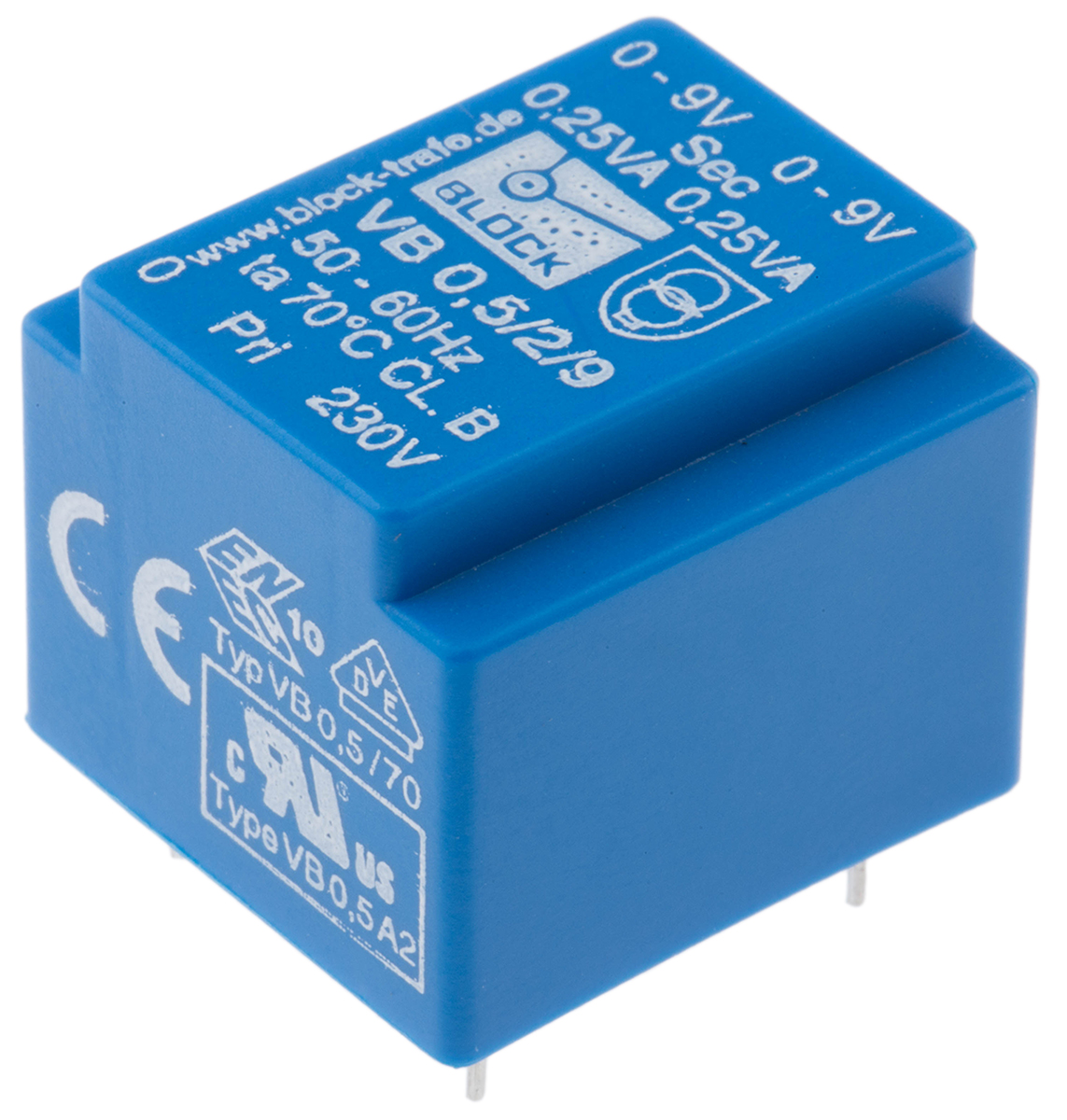 Block 6 to 2 x 24 V ac 2 Output Pin PCB Transformer, UL 5085-1/-2, CSA 22.2 No.66, ENEC 10 (VDE), EN 61558-2-1, IEC