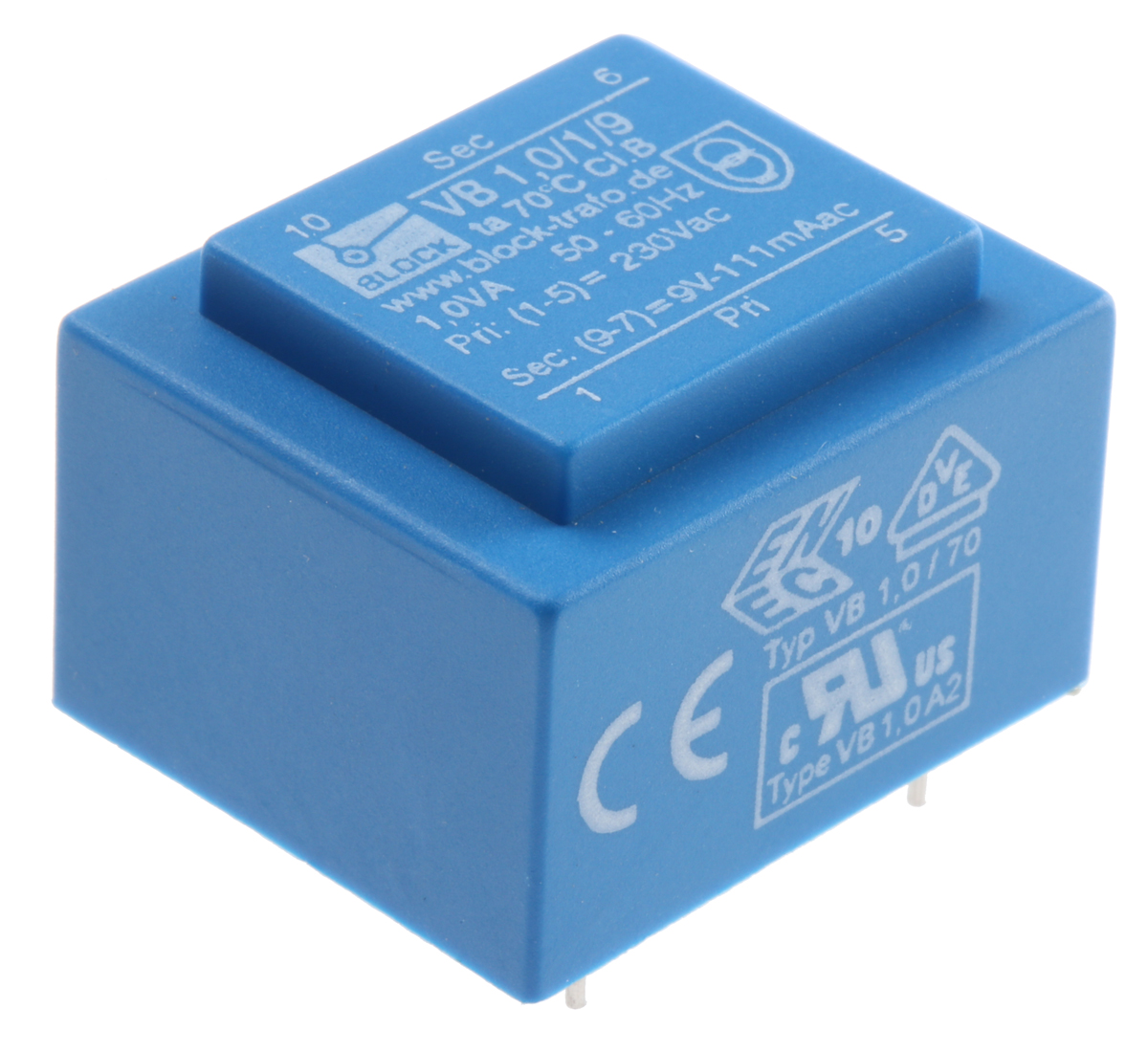 Block 9 V ac 1 Output Pin PCB Transformer, C-UL-US, ENEC 10 (VDE) 1 VA
