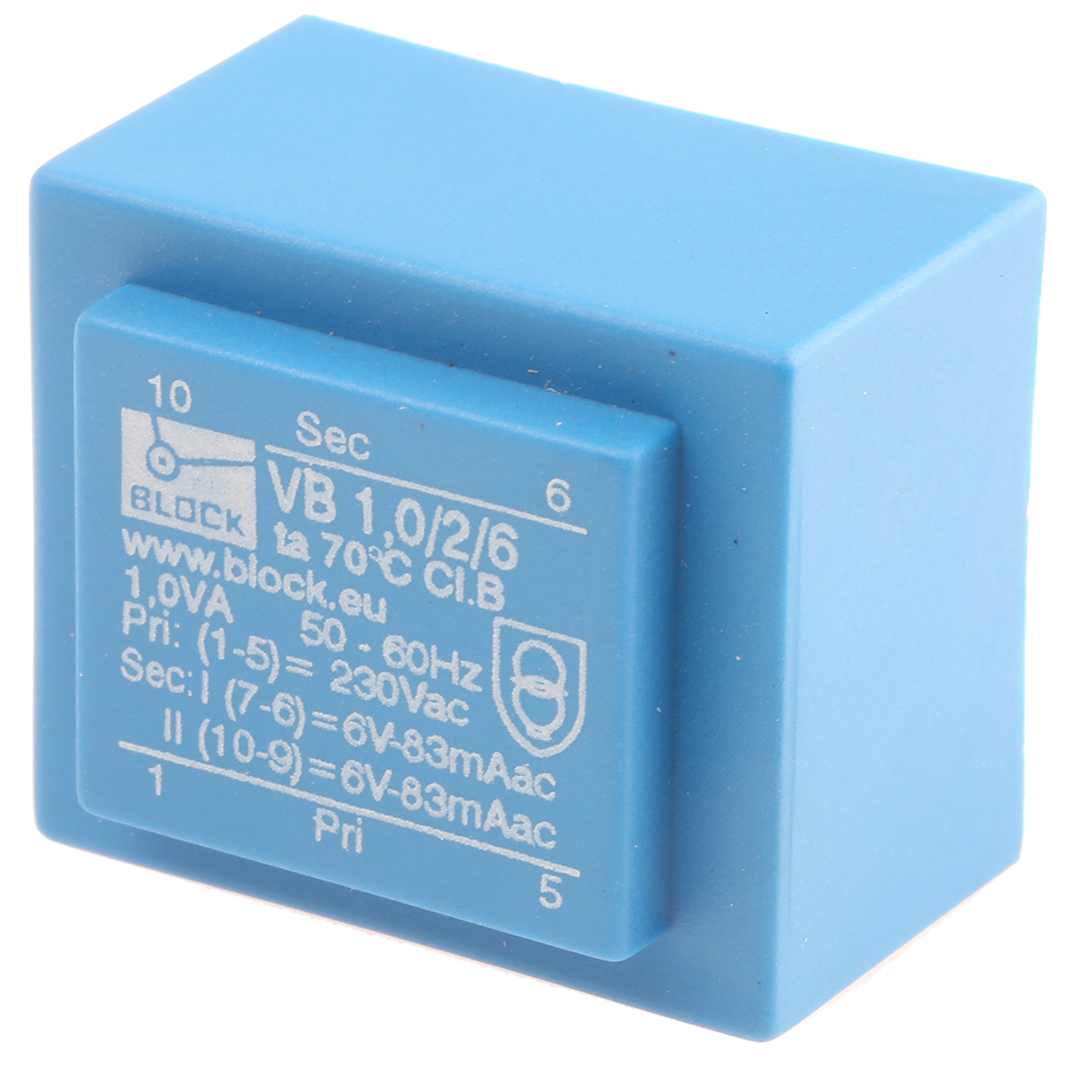 Block 6 V ac 2 Output Solder PCB Transformer, CSA 22.2, VDE 0570/EN 61558, EN 61558-2-1, EN 61558-2-6, UL 506 1 VA