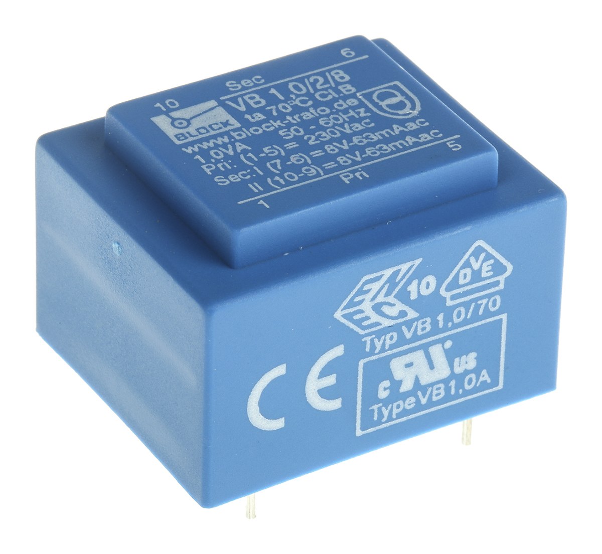 Block 8 V ac 2 Output Through Hole PCB Transformer, VDE, UL 1 VA