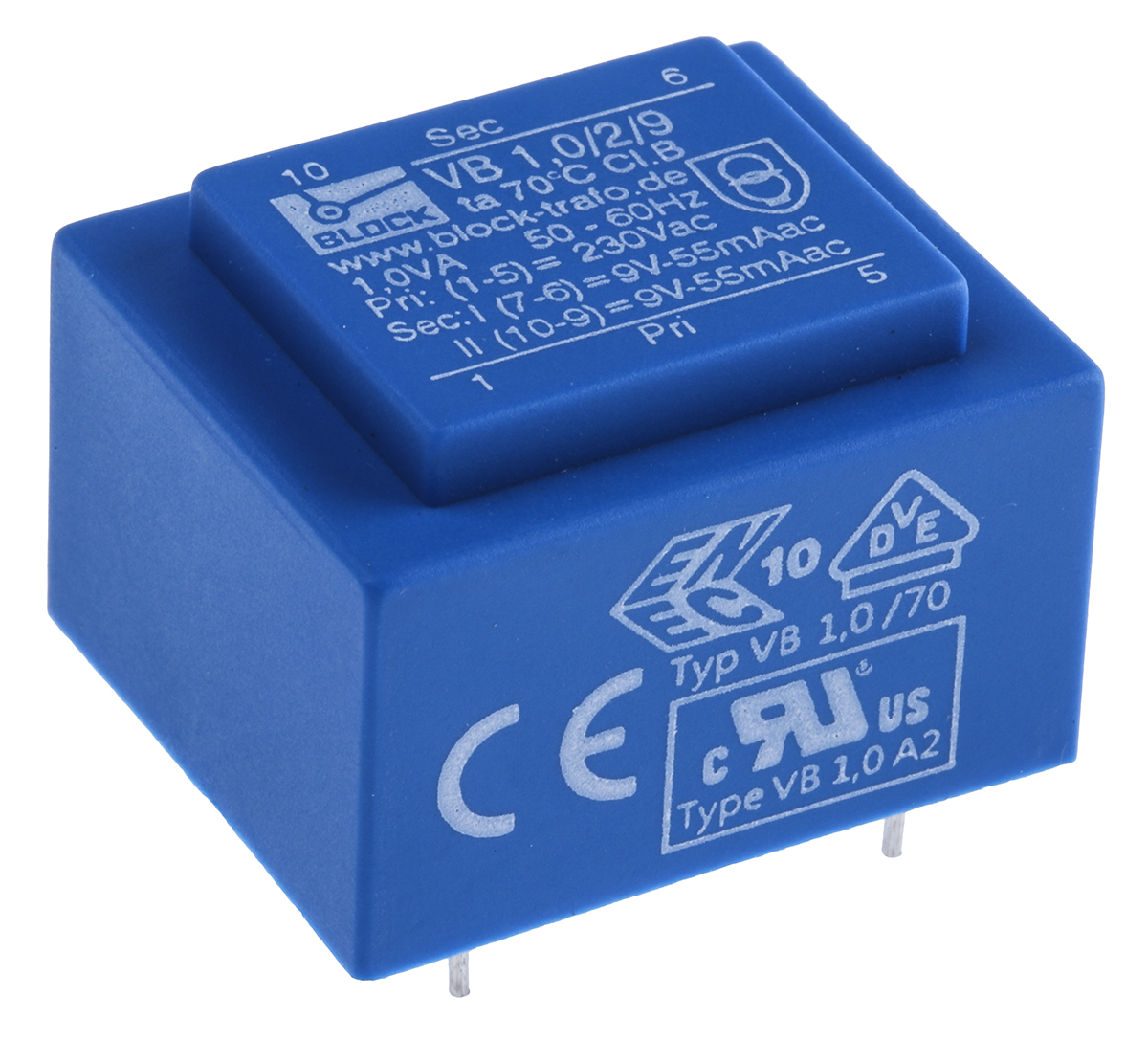 Block 9 V ac 2 Output Through Hole PCB Transformer, VDE, UL 1 VA