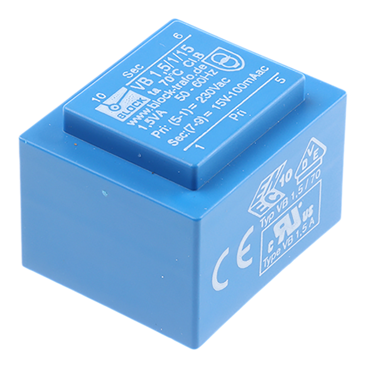 Block 15 V ac 1 Output Pin PCB Transformer, VDE 0570 Part 2-6, DIN EN 61558-2-6, ENEC 10 (VDE), IEC 61558-2-6, C-UL-US,