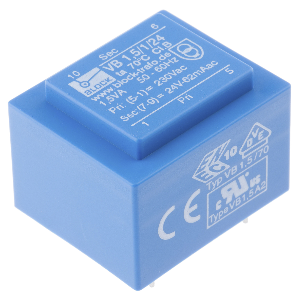 Block 24 V ac 1 Output Pin PCB Transformer, C-UL-US, ENEC 10 (VDE) 1.5 VA