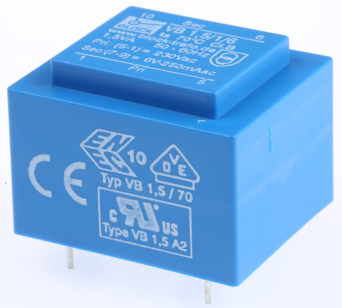 Block 6 V ac 1 Output Pin PCB Transformer, IEC 61558-2-1, C-UL-US, VDE 0570 Part 2-6, DIN EN 61558-2-6, DIN EN