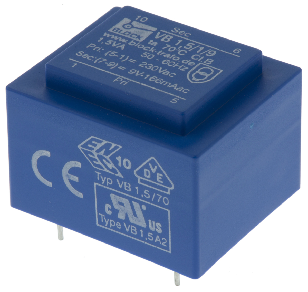 Block 9 V ac 1 Output Pin PCB Transformer, ENEC 10 (VDE), C-UL-US 1.5 VA