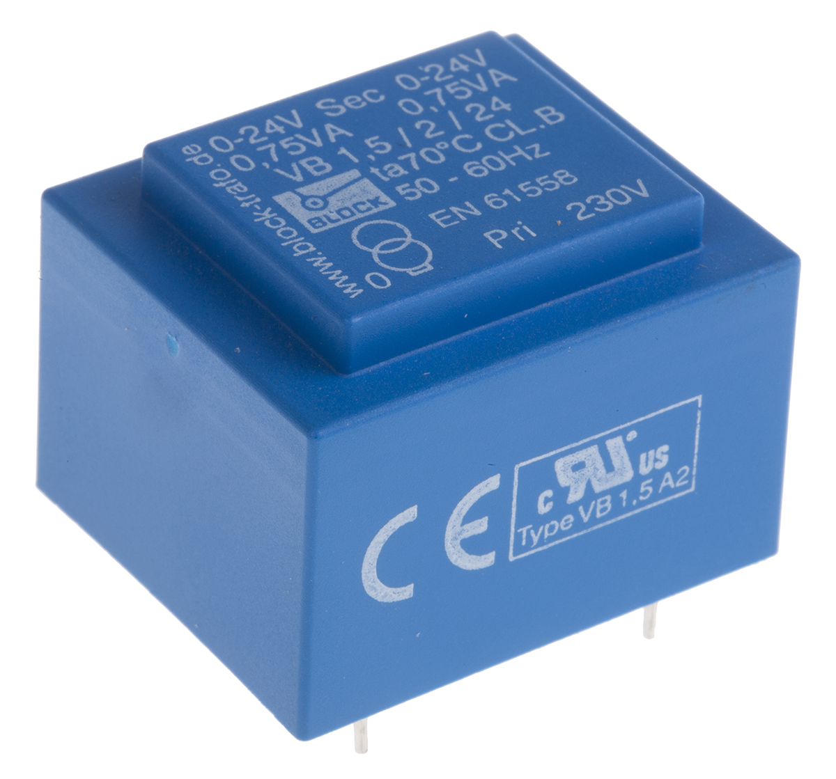 Block 2 x 24 V ac 2 Output Pin PCB Transformer, VDE 0570 Teil 2-1, UL 5085-1/-2, CSA 22.2 No.66, IEC 61558-2-1, DIN EN