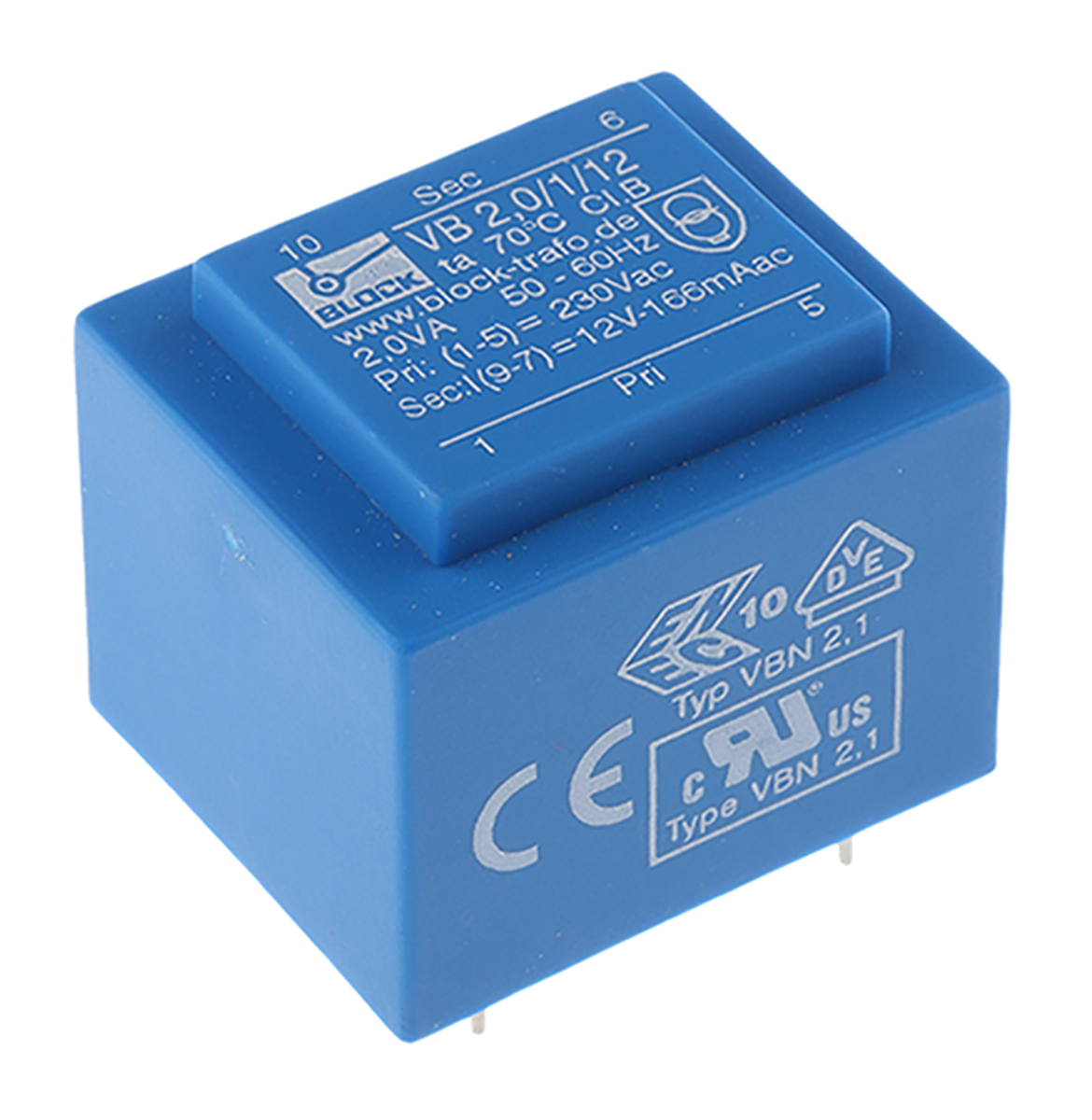 Block 12 V ac 1 Output Pin PCB Transformer, ENEC 10 (VDE), C-UL-US 2 VA