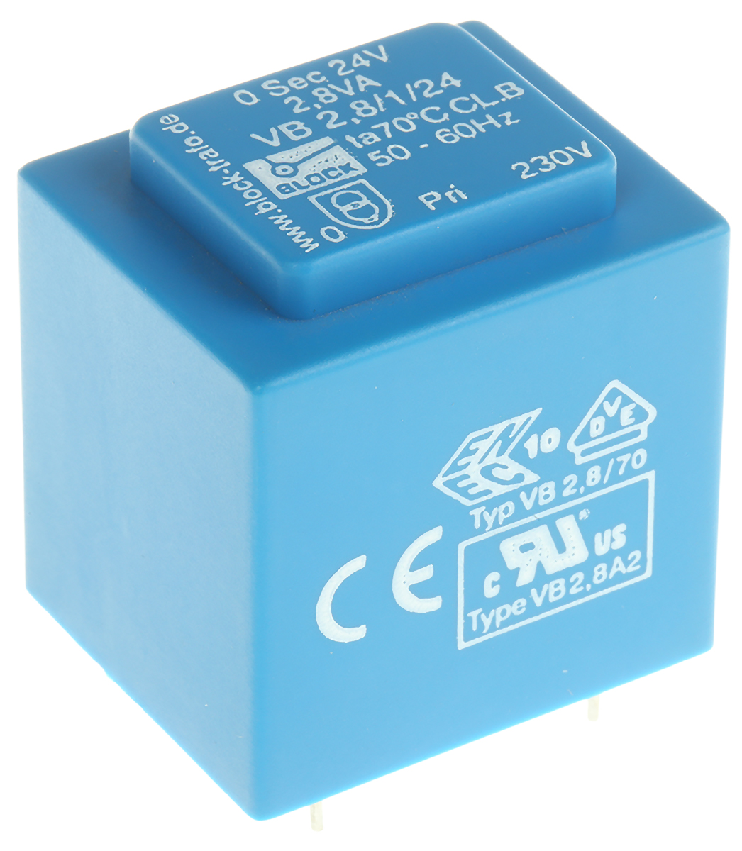 Block 24 V ac 1 Output Pin PCB Transformer, VDE 0570 Part 2-6, ENEC 10 (VDE), C-UL-US, DIN EN 61558-2-6, IEC 61558-2-1,
