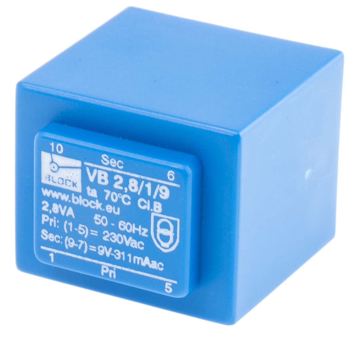 Block 9 V ac 1 Output Pin PCB Transformer, C-UL-US, ENEC 10 (VDE) 2.8 VA