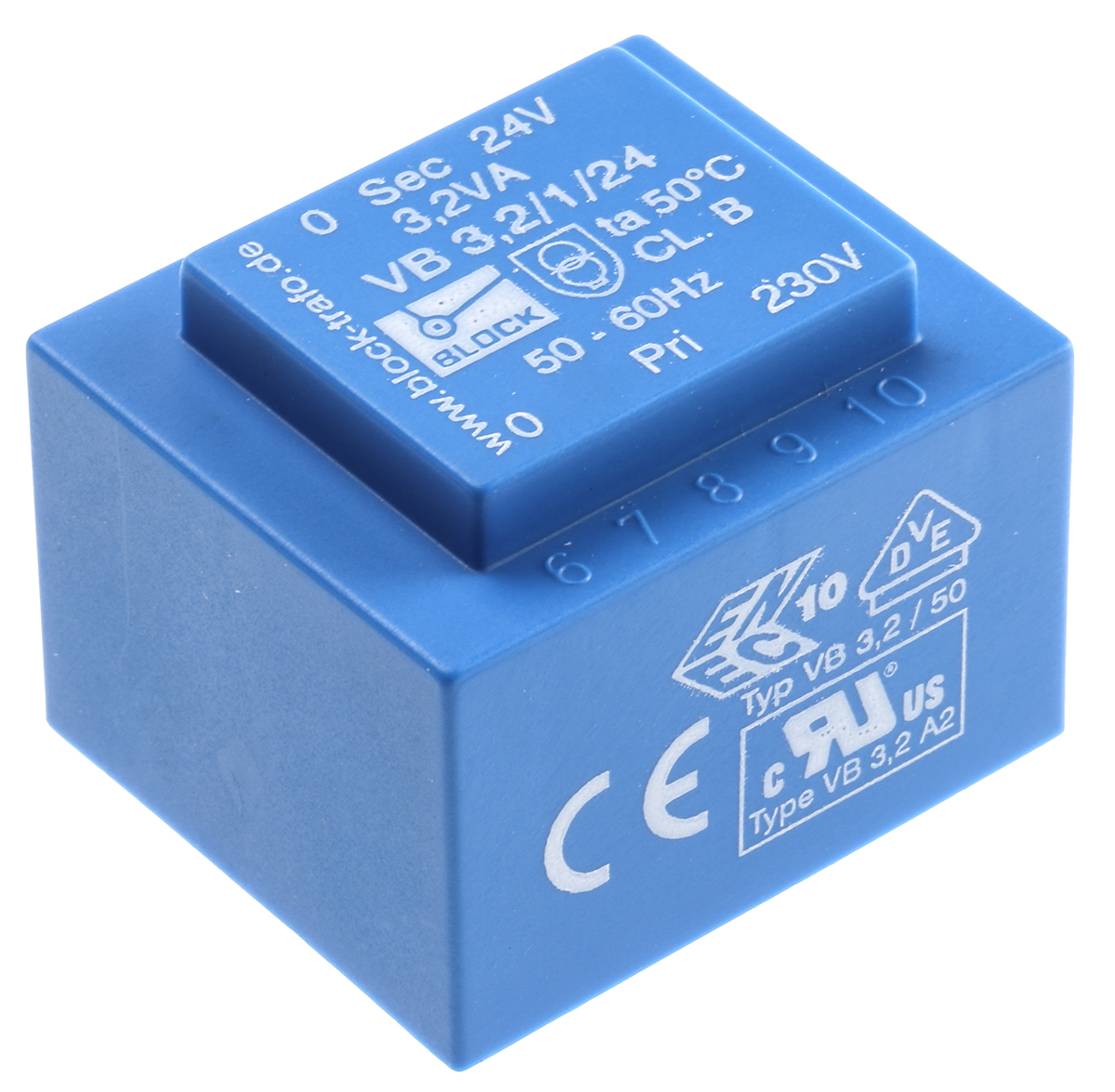 Block 24 V ac 1 Output Pin PCB Transformer, ENEC 10 (VDE), C-UL-US 3.2 VA