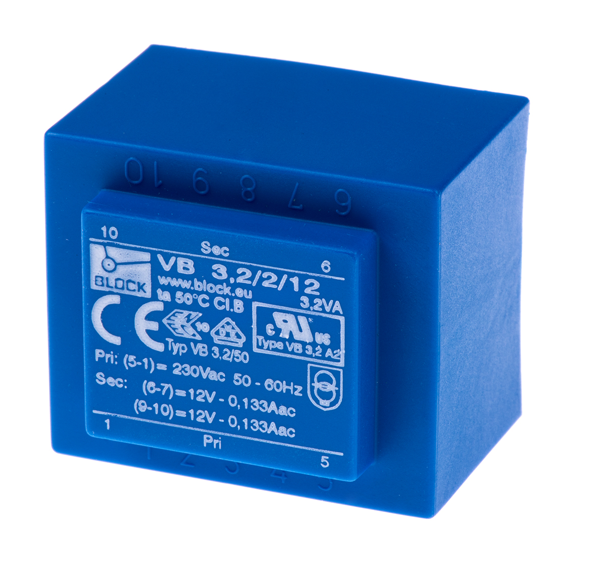 Block 12 V ac 2 Output Pin PCB Transformer, DIN EN 61558-2-1, EN 61558-2-1, cURus, UL 5085-1/-2, IEC 61558-2-1, VDE 0570