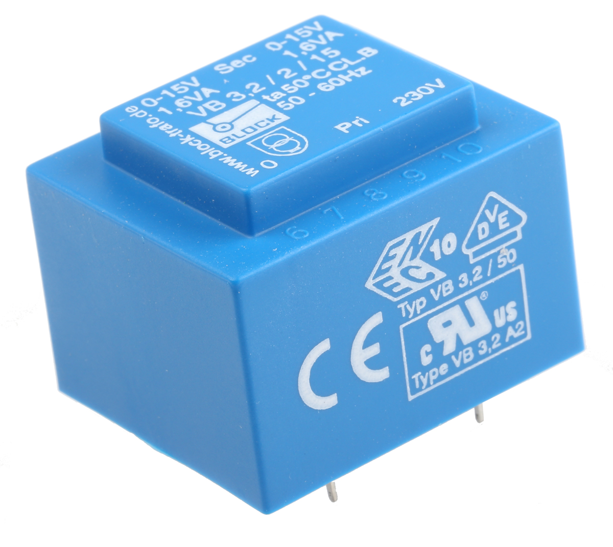 Block 6 to 2 x 24 V ac 2 Output Pin PCB Transformer, EN 61558-2-1, IEC 61558-2-1, VDE 0570 Teil 2-1, cURus, CSA 22.2