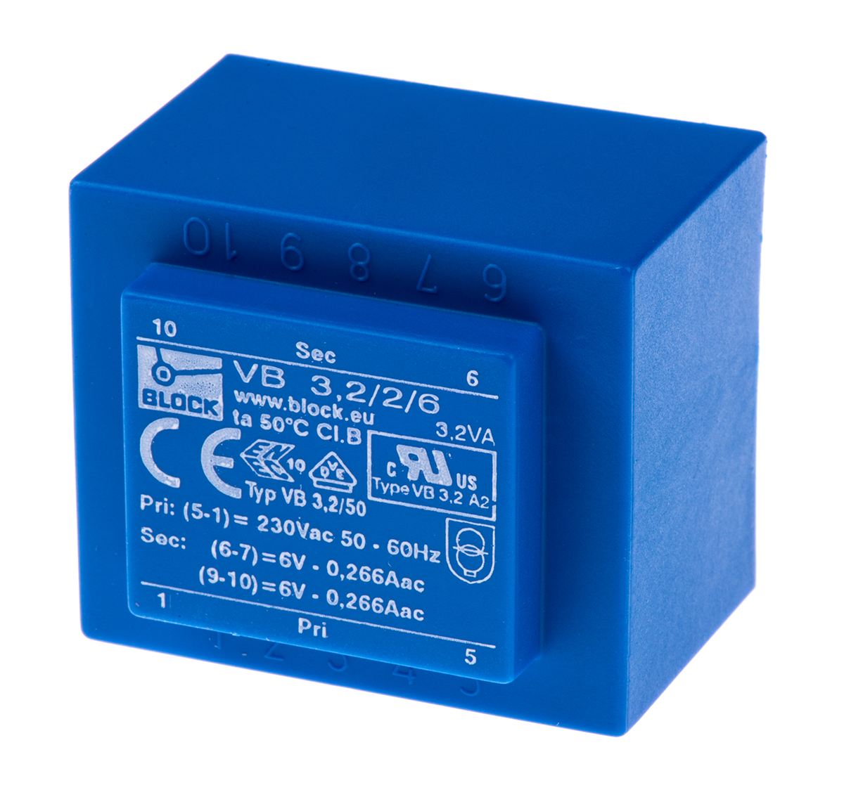 Block 6 V ac 2 Output Through Hole PCB Transformer, UL, VDE 3.2 VA