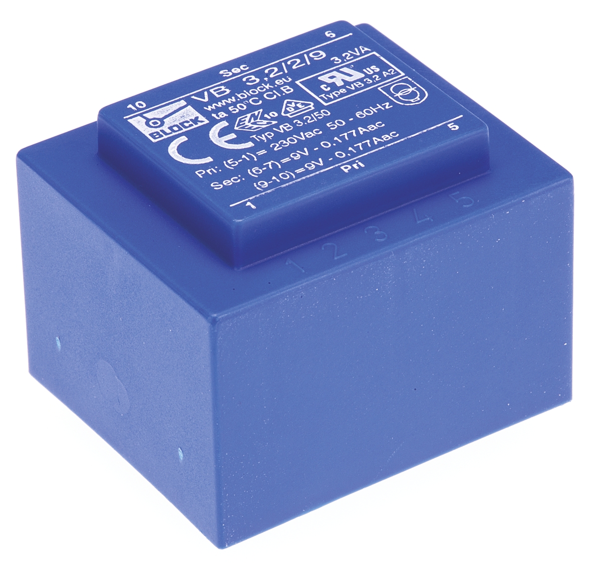 Block 2 x 9 V ac 2 Output Pin PCB Transformer, cURus, ENEC 10 (VDE), UL 5085-1/-2, CSA 22.2 No.66, EN 61558-2-6, VDE