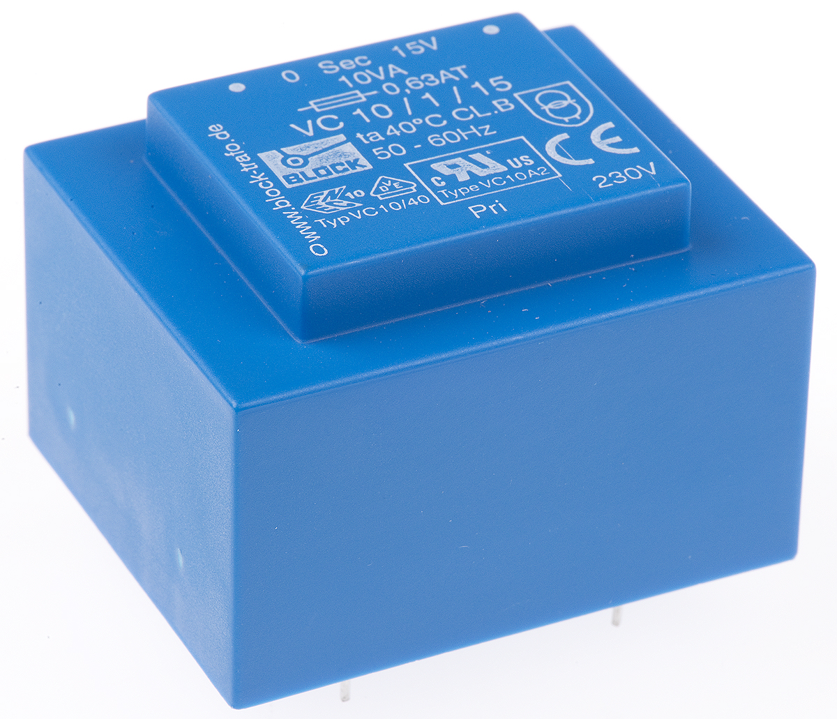 Block 15 V ac 1 Output Pin PCB Transformer, ENEC 10 (VDE), C-UL-US 10 VA