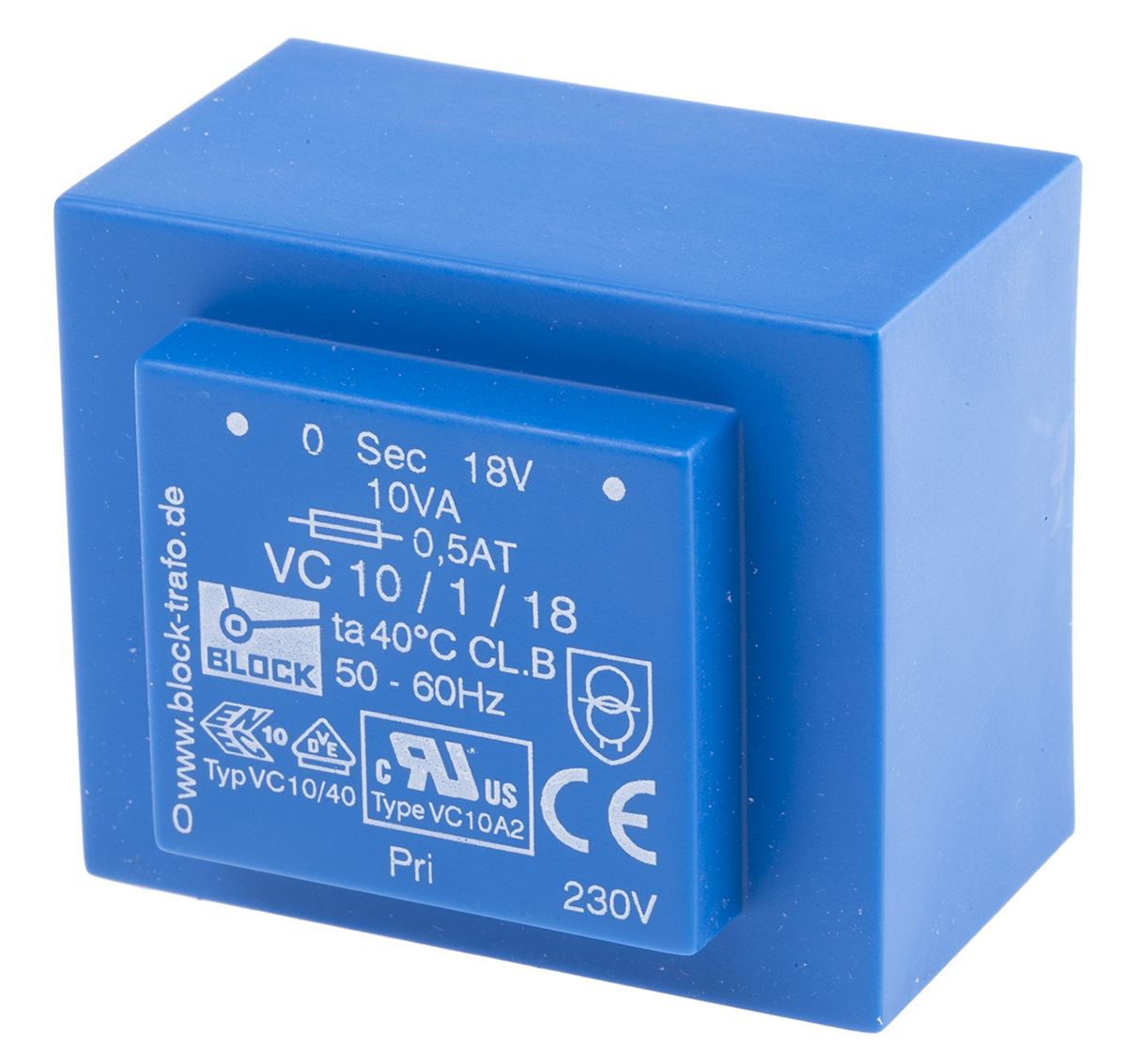Block 18 V ac 1 Output Pin PCB Transformer, C-UL-US, ENEC 10 (VDE) 10 VA