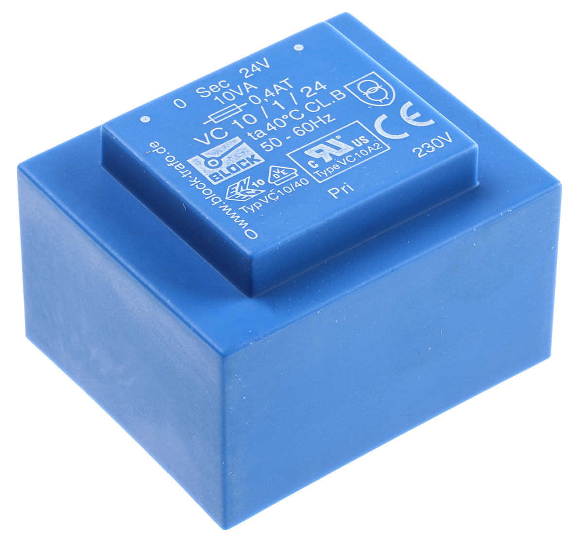 Block 24 V ac 1 Output Pin PCB Transformer, ENEC 10 (VDE), C-UL-US 10 VA