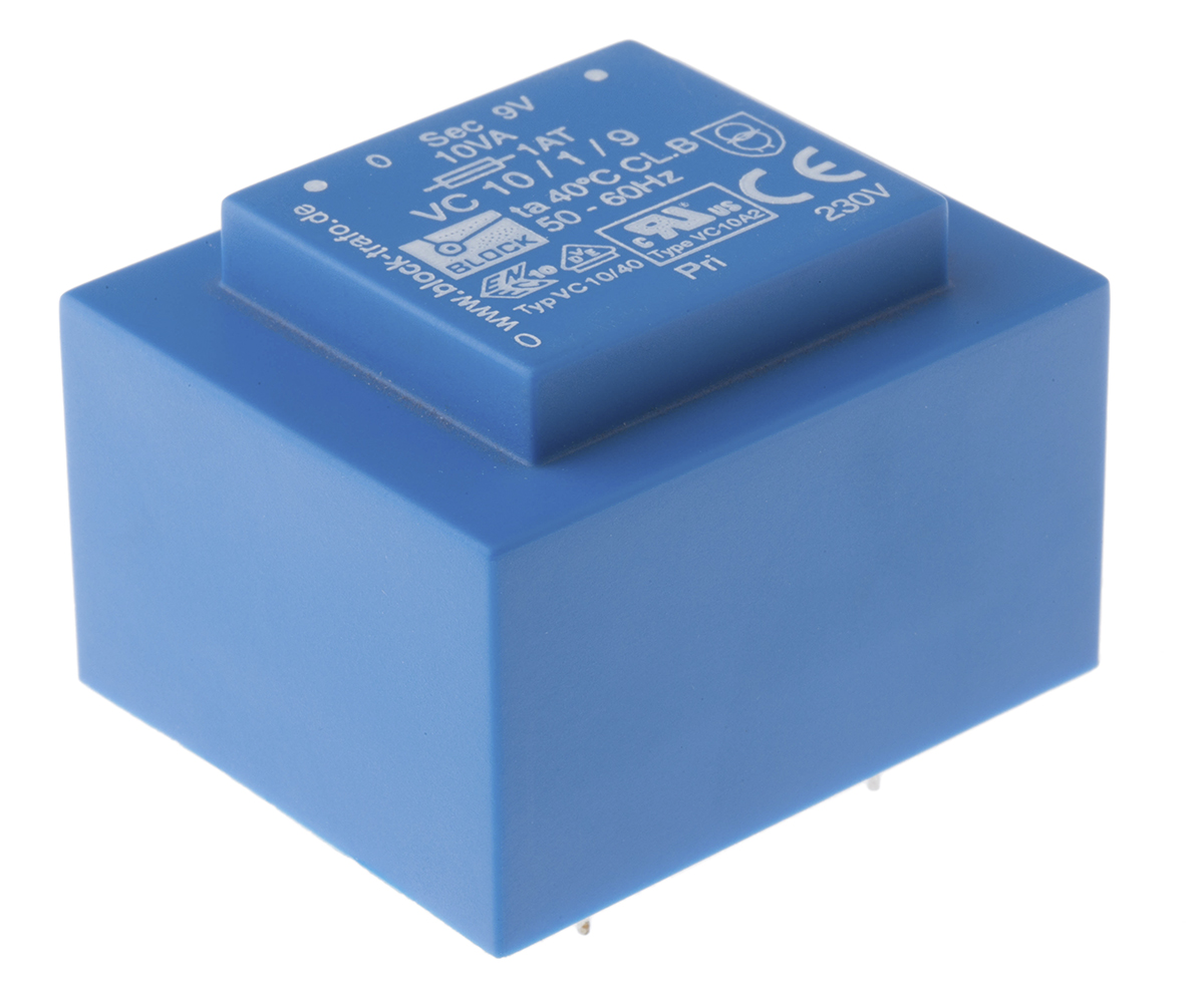 Block 9 V ac 1 Output Pin PCB Transformer, C-UL-US, ENEC 10 (VDE) 10 VA