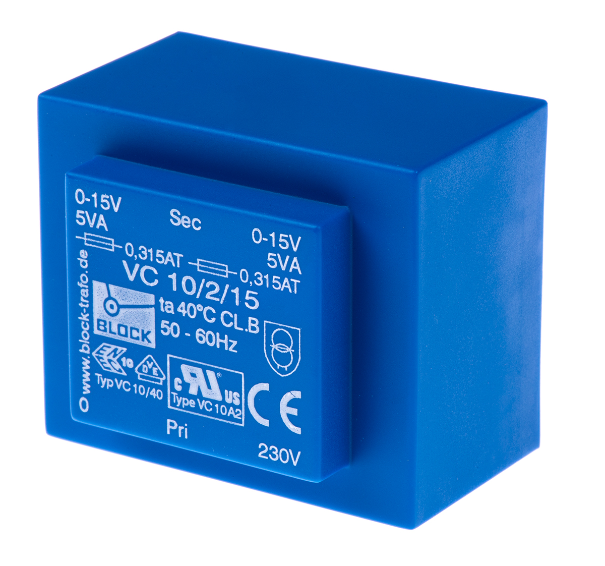 Block 15 V ac 2 Output Through Hole PCB Transformer, VDE, UL 10 VA