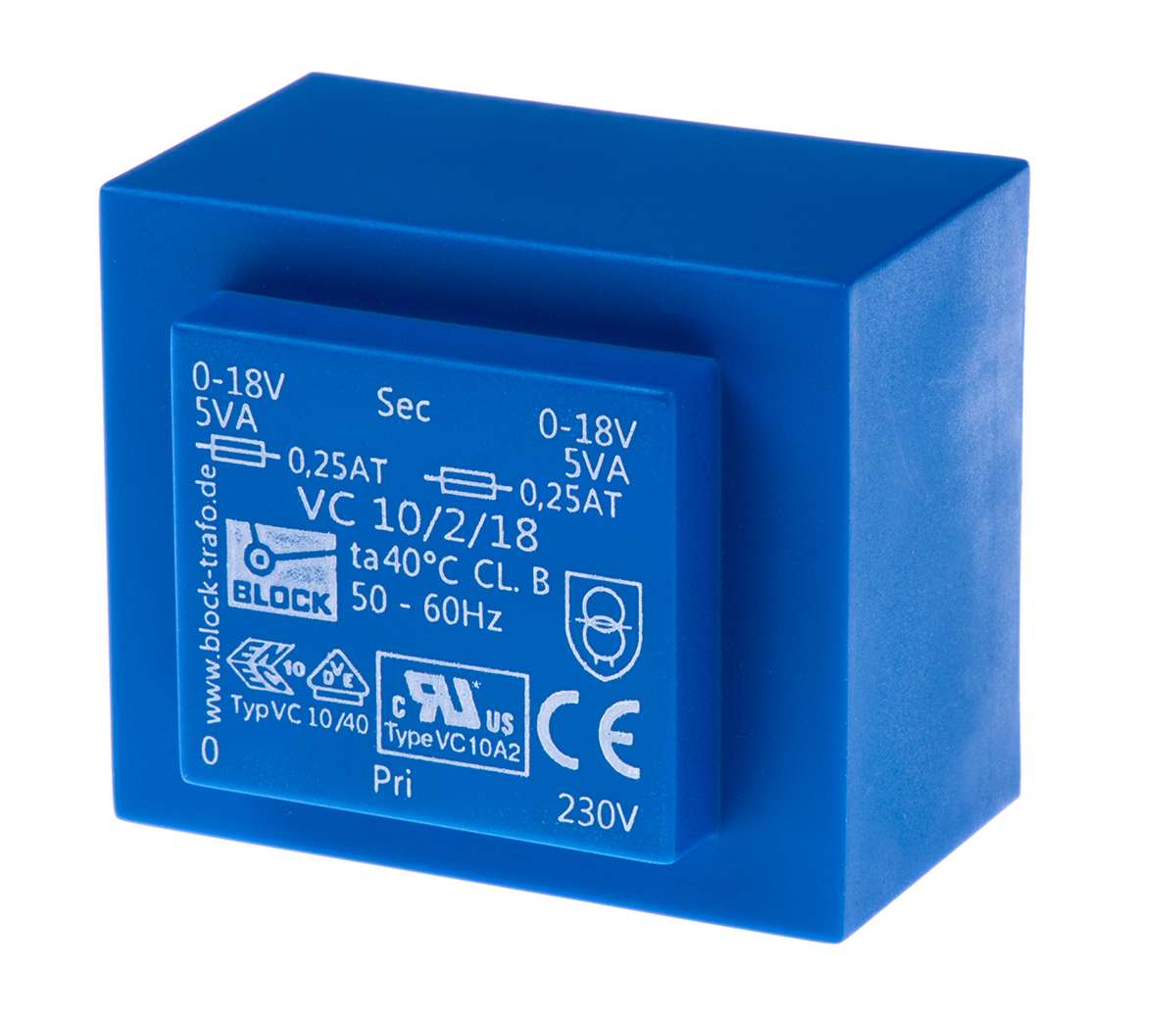 Block 2 x 18 V ac 2 Output Pin PCB Transformer, VDE, IEC 61558-2-6, VDE 0570 Part 2-6, UL 5085-1/-2, CSA 22.2 No.66, EN