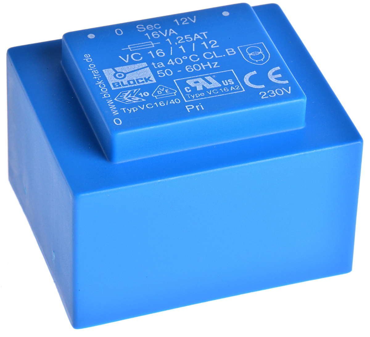 Block 12 V ac 1 Output Pin PCB Transformer, C-UL-US, ENEC 10 (VDE) 16 VA