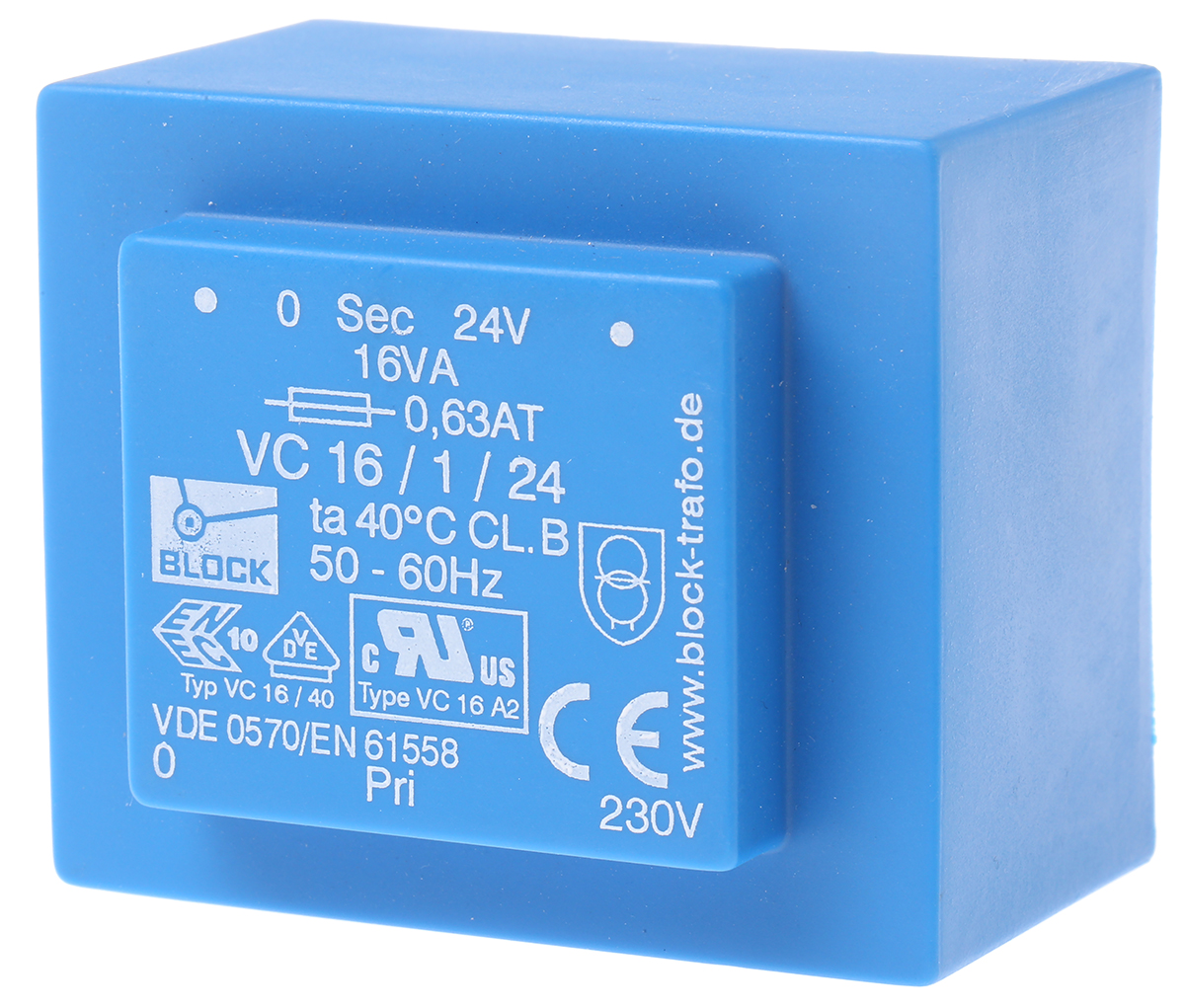 Block 24 V ac 1 Output Pin PCB Transformer, ENEC 10 (VDE), C-UL-US 16 VA