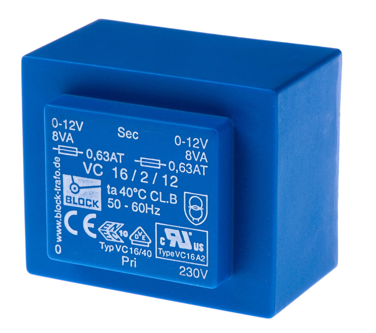Block 2 x 12 V ac 2 Output Pin PCB Transformer, CSA 22.2 No.66, DIN EN 61558-2-6, VDE 0570 Part 2-6, cURus, IEC