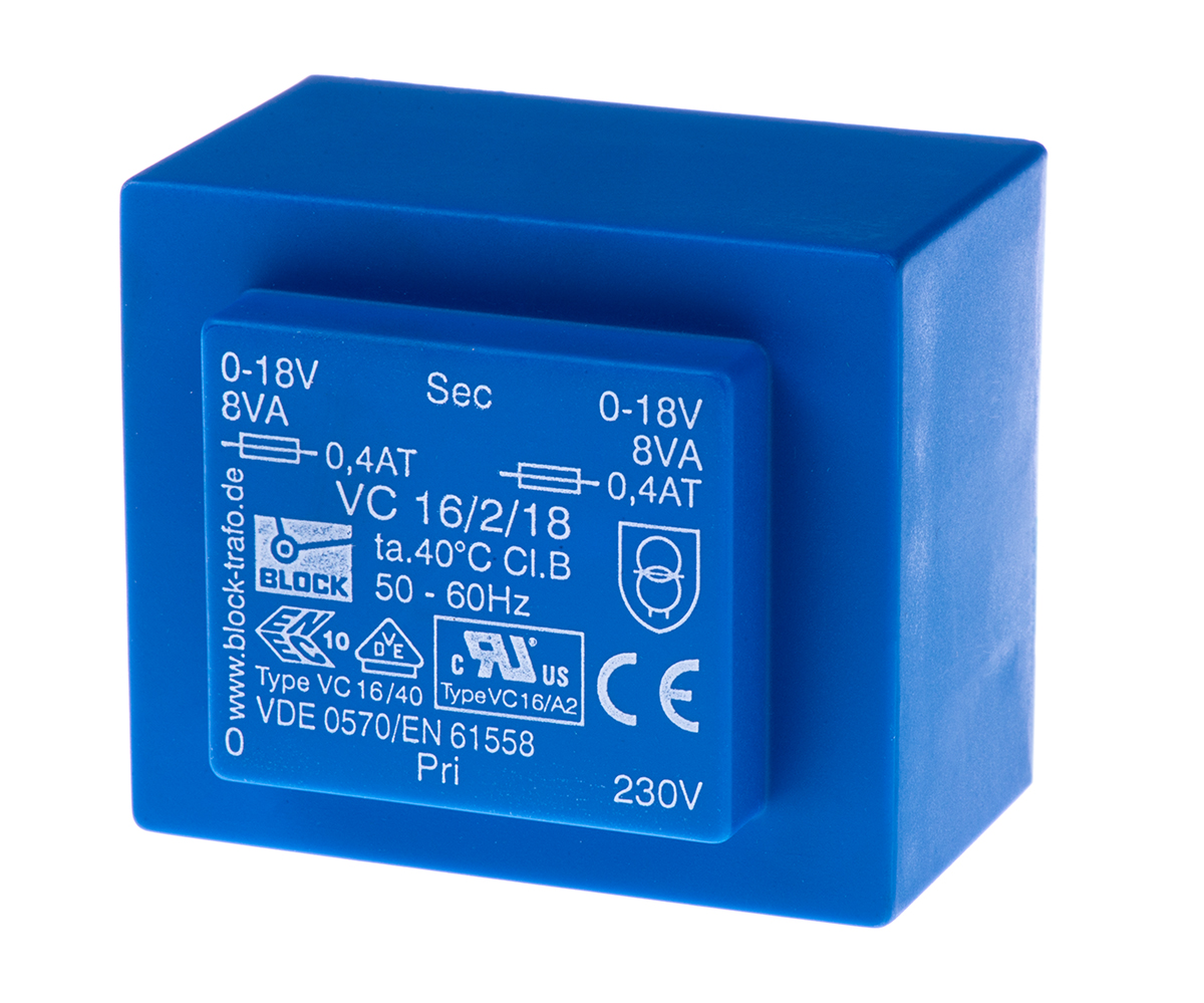 Block 2 x 18 V ac 2 Output Pin PCB Transformer, CSA 22.2 No.66, DIN EN 61558-2-6, VDE 0570 Part 2-6, VDE, IEC 61558-2-6,
