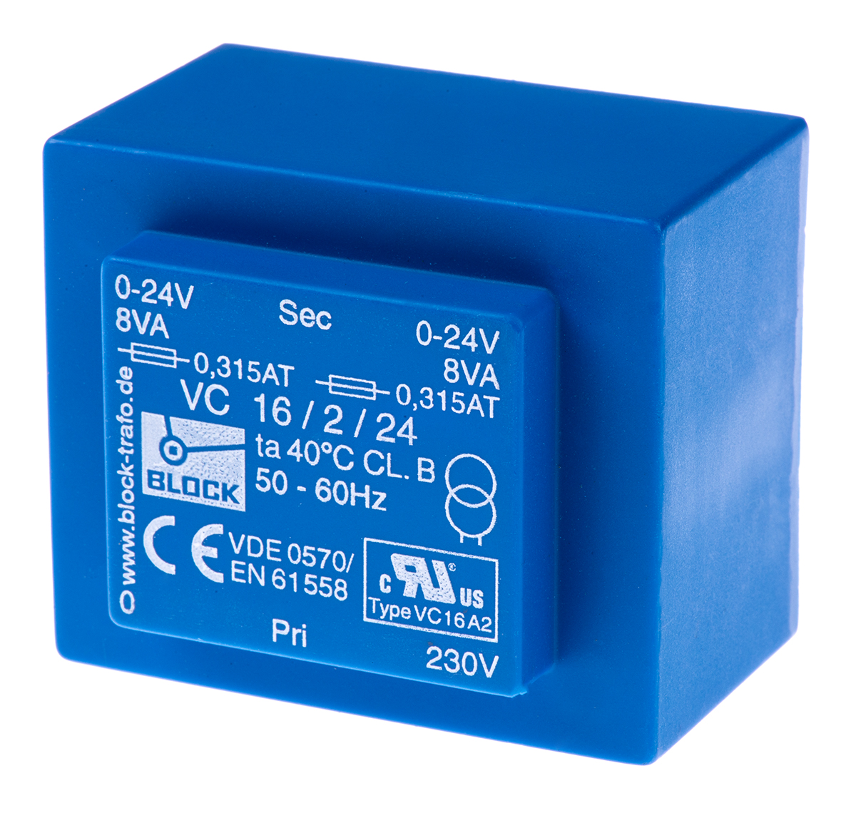 Block 2 x 24 V ac 2 Output Pin PCB Transformer, DIN EN 61558-2-1, CSA 22.2 No.66, EN 61558-2-1, cURus, IEC 61558-2-1,