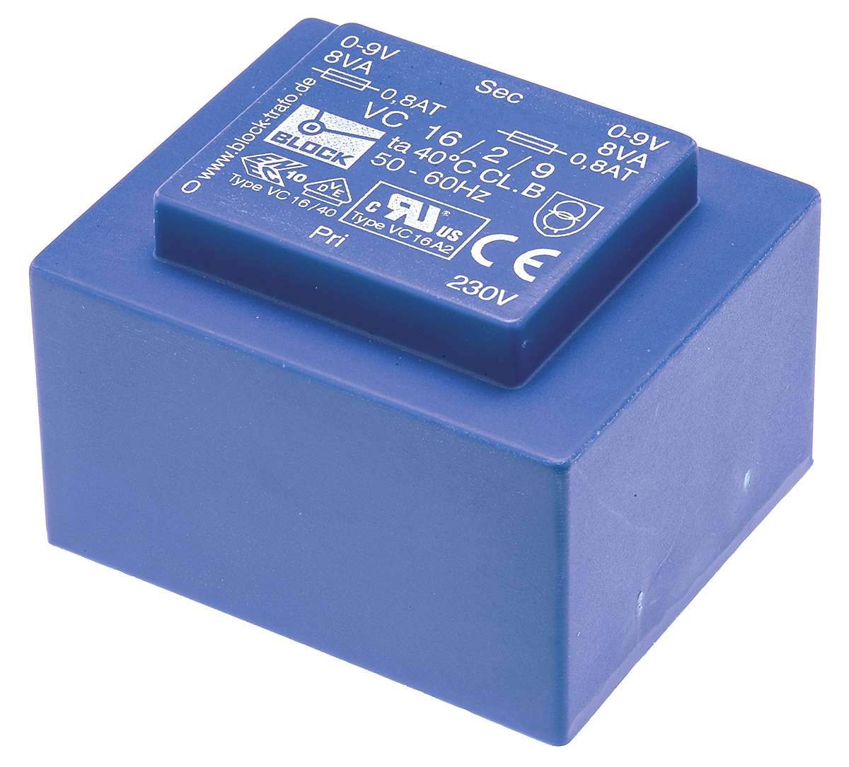 Block 2 x 9 V ac 2 Output Pin PCB Transformer, UL 5085-1/-2, CSA 22.2 No.66, EN 61558-2-6, DIN EN 61558-2-6, IEC