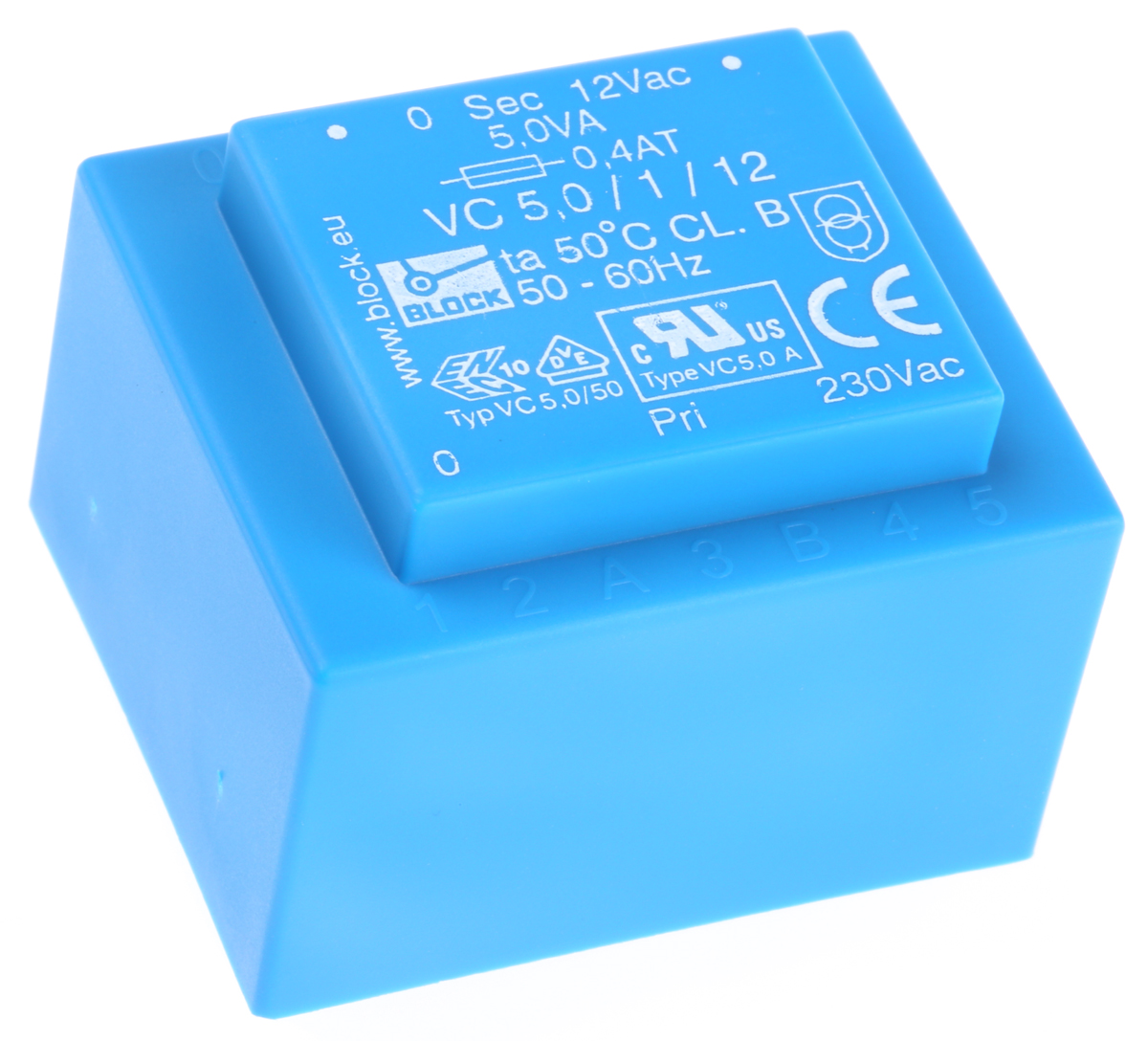 Block 12 V ac 1 Output Pin PCB Transformer, ENEC 10 (VDE), C-UL-US 5 VA