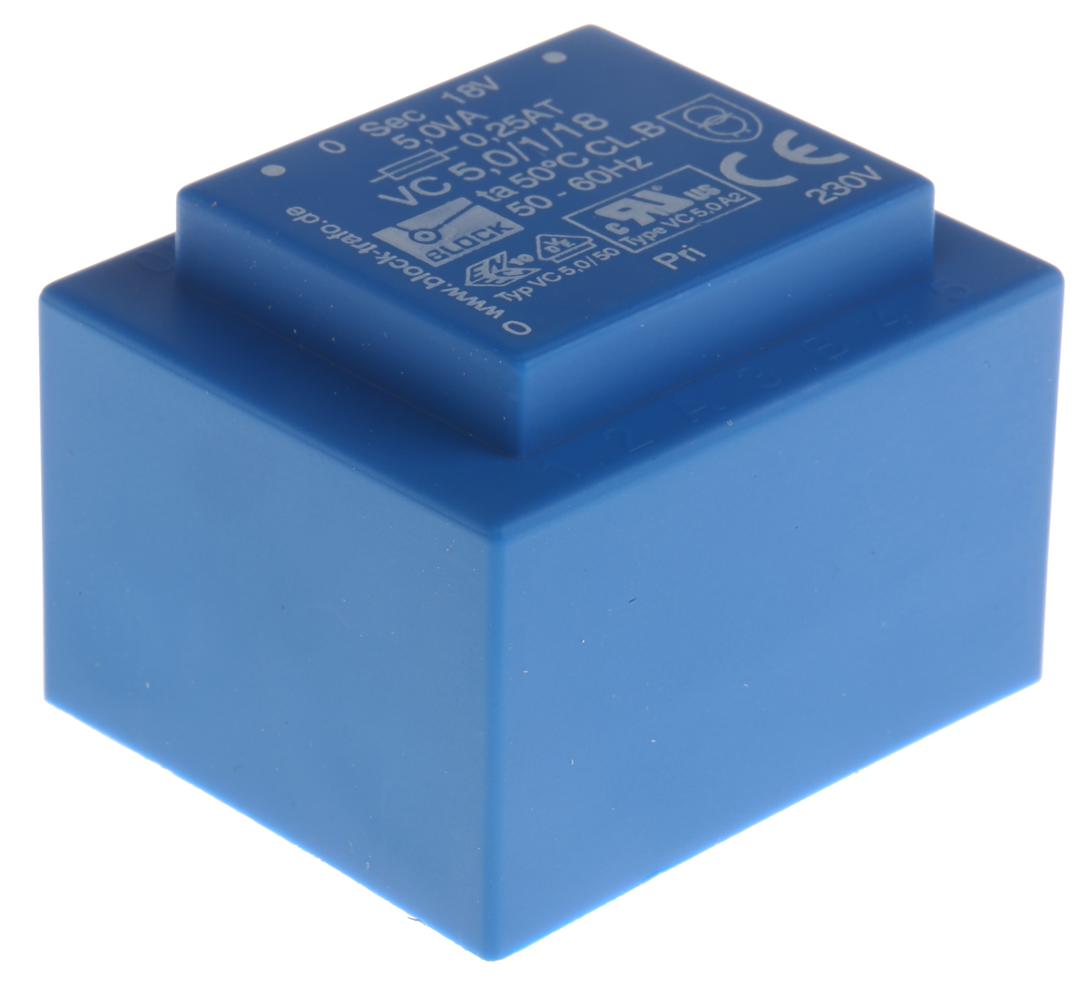 Block 18 V ac 1 Output Pin PCB Transformer, VDE 0570 part 2-1, VDE 0570 Part 2-6, ENEC 10 (VDE), C-UL-US, IEC 61558-2-1,