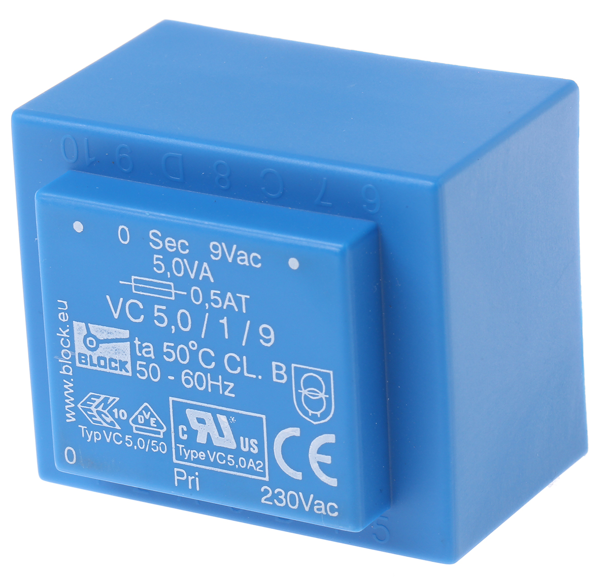 Block 9 V ac 1 Output Pin PCB Transformer, ENEC 10 (VDE), C-UL-US 5 VA