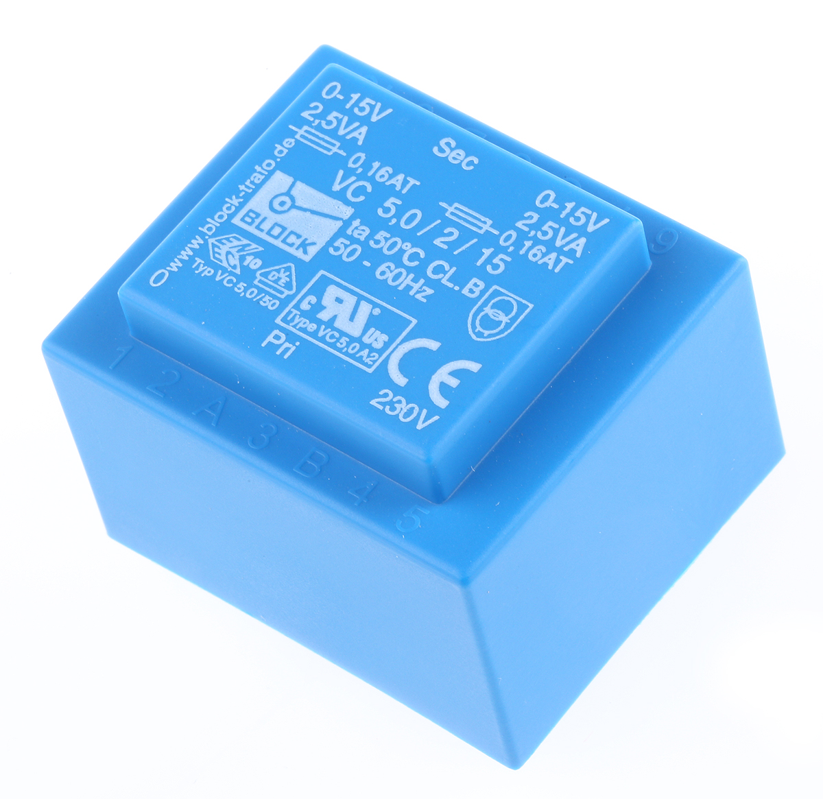 Block 2 x 15 V ac 2 Output Pin PCB Transformer, IEC 61558-2-6, VDE, cURus, UL 5085-1/-2, EN 61558-2-6, VDE 0570 Part