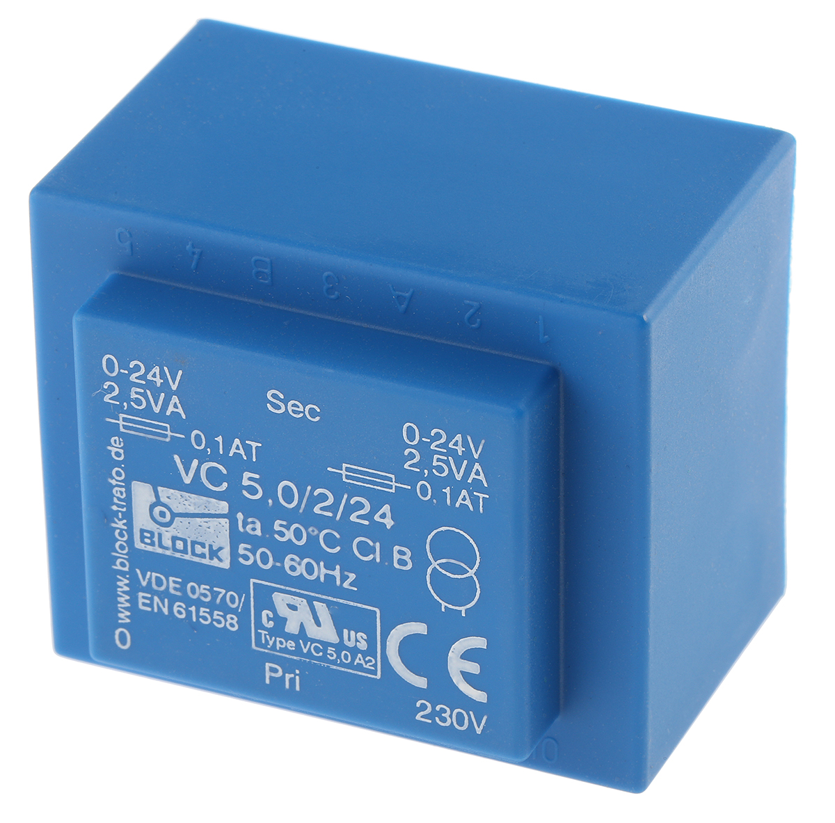 Block 24 V ac 2 Output Pin PCB Transformer, ENEC 10 (VDE), C-UL-US 16 VA